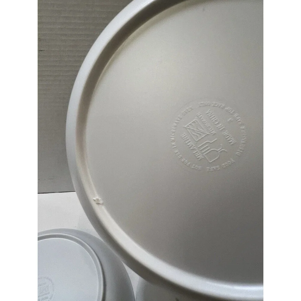 Melamine Pasta Bowls Mediterranean Print Blue Yellow On White Tan Rim Set of 4